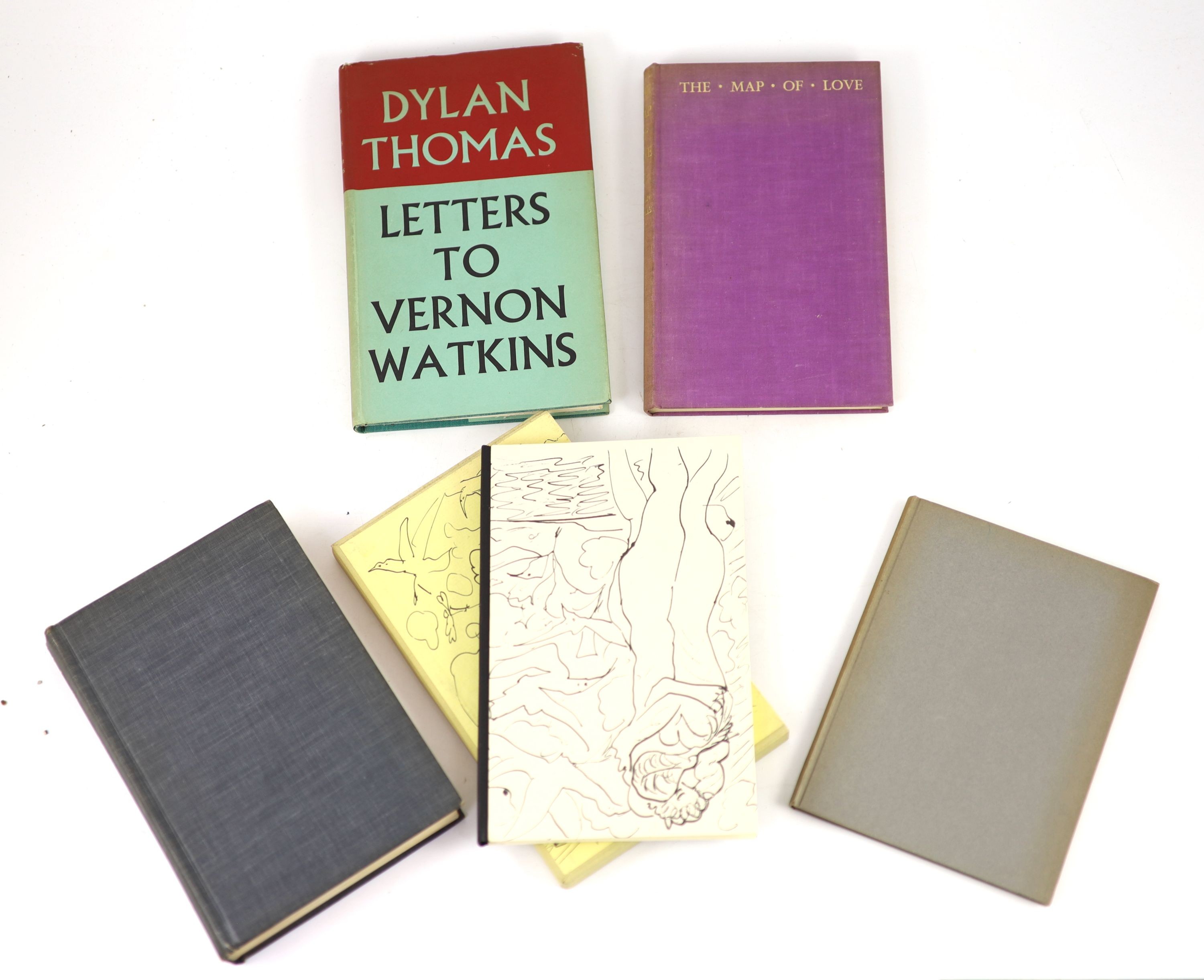 Thomas, Dylan - 5 works by, or about, consisting - Letters to Vernon Watkins, 8vo, cloth, in clipped d/j, London, 1957; The Map of Love, 8vo, 1st issue in mauve cloth, London, 1939; Twenty-Five Poems, 8vo, cloth, London,